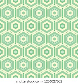 Vector geometrical seamless pattern of hexagons decorated with dotted zigzag lines and small rectangles in green and yellow colors. Perfect for wallpaper, scrapbooking, packaging, fabric.