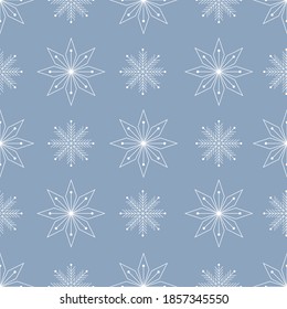 Vector geometrical white winter snowflakes seamless pattern print background.