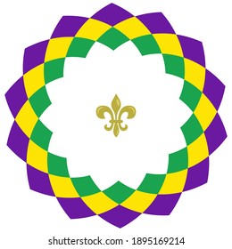 Vector geometrical wreath; round frame for Mardi Gras in traditional colors; for greeting cards, invitations, posters, banners.