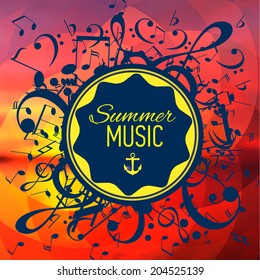 Vector geometrical yellow background with music notes and key. Banner. Badge. Designed text. 