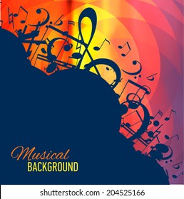 Vector geometrical yellow background with music notes and key. Banner. Badge. Designed text. 