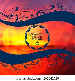 Vector geometrical yellow background with music notes and key. Banner. Badge. Designed text.