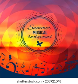 Vector geometrical yellow background with music notes and key. Banner. Badge. Designed text.