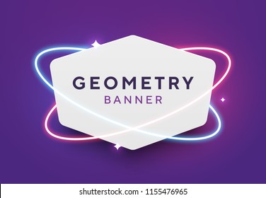 Vektorillustration geometrisches weißes Papierbanner mit roten und blauen Neonorbits. Trendy Origami oder Material Design Stil. violetter Hintergrund mit leuchtenden Sternen.