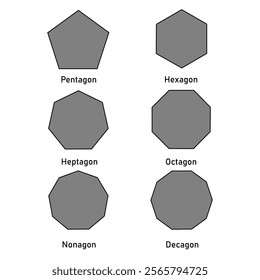 Vector geometry Pentagon Hexagon Heptagon Octagon Nonagon and Decagon shape icon on white background