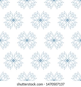 Vector Geometry and Water Lilies Blue Lineart seamless pattern background.
