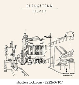 Vector Georgetown, Penang, Malaysia, Southeast Asia postcard. Central fire station building sketch. Old historical street. Hand drawing. Artistic travel sketch. Book illustration, poster. EPS10 vector