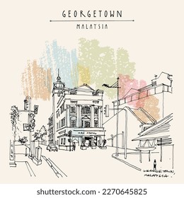 Vector Georgetown, Penang, Malaysia, Southeast Asia postcard. Central fire station building sketch. Old historical street. Hand drawing. Artistic travel sketch. Book illustration, poster. EPS10 vector