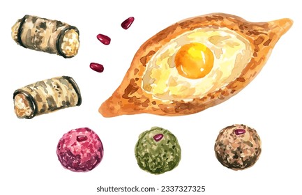 Vector Georgian food. Adjara khachapuri. Eggplant rolls with cheese and garlic. Vegetable balls with pomegranate. Hand drawn watercolor food illustration. Isolated on white background.