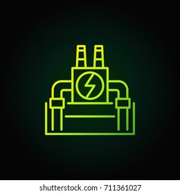Vector geothermal power plant green icon - vector outline bright symbol or logo element on dark background