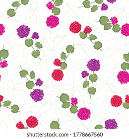 Flores de vectores de geranio en morado rosado con hojas verdes sobre las piedras en fondo blanco patrón de repetición sin problemas. Antecedentes de los textiles, las tarjetas, la fabricación, los papeles pintados, la impresión, la envoltura de regalo y