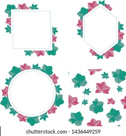 Vector geranium set. Seamless pattern of pink and green geranium leaves and 3 frames, hexagon, square, circle. Design for greeting card, wedding. Nature, leaves, ecology, rustic