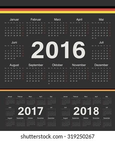 Vector german black circle calendars 2016, 2017, 2018. Week starts from Sunday.