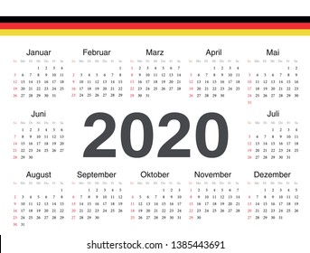 Vector German circle calendar 2020. Week starts from Sunday.