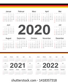 Vector german circle calendars 2020, 2021, 2022. Week starts from Sunday.