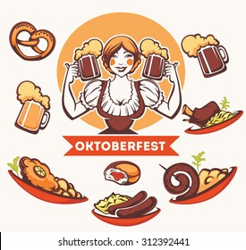 vector  German girl and collection of traditional German food for your Oktoberfest menu