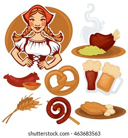 vector German girl and collection of traditional  food for your Oktoberfest menu