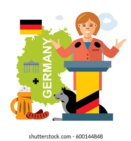 Vector German policy. Woman politician. Flat style colorful Cartoon illustration.
