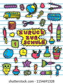 vector German set back to school stickers, flat school icons, drawing in notebook