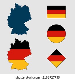 Vector of Germany country outline silhouette with flag set isolated on white background. Collection of Germany flag icons with square, circle, rectangle and map shapes.