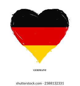 Vector Germany flag in heart shape with grunge texture. Heart shaped German flag isolated on white background. Beautiful design country flag of Germany for banner, poster, sticker, print. Vector