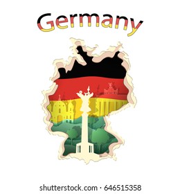 Vector. Germany, flag, paper, Berlin cathedral, Brandenburg Gate, Victory Column. Illustration.