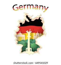 Vector. Germany, flag, paper, Berlin cathedral, Brandenburg Gate, Victory Column. Illustration.