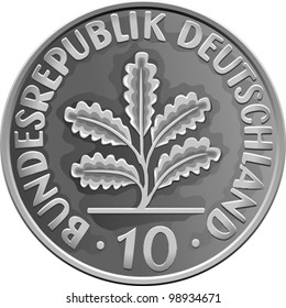 VECTOR Germany Money silver coin ten pfennigs with heraldic Oak Leaves isolated on a white background