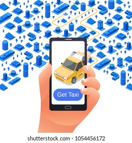 Vector get taxi transportation app application advertising poster, banner design template. Illustration with hand holding smartphone with car on screen isometric buildings urban landscape background