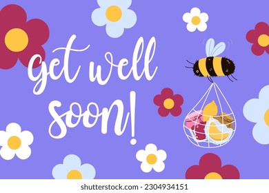 Vector get well soon poster with a bee carrying a bag with honey and jam.