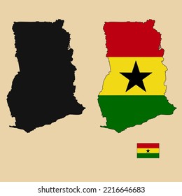 Vector of Ghana country outline map with flag set isolated on plain background. Silhouette of country map can be used for template, report, and infographic.