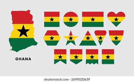 Vetor da bandeira de Gana em várias formas com silhueta mapa. Perfeito para design de viagem, educação, infográfico e temas de celebração nacional