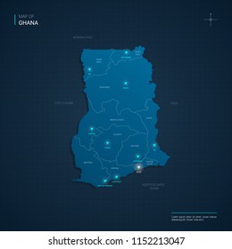 Vector Ghana map illustration with blue neon lightpoints - triangle on dark blue gradient background. Administrative divisions, cities, borders, capital. Neon tech background with glow. 