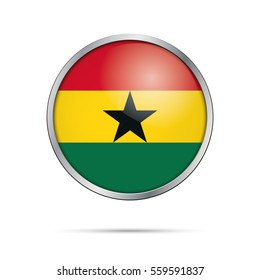 Vector Ghanaian flag button. Ghana flag glass button style with metal frame.