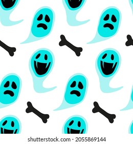 Vector ghost and bones seamless pattern. Halloween scarf isolated on white background. Cartoon illustration for seasonal design, textile, decoration or greeting card. Hand drawn prints and doodle.