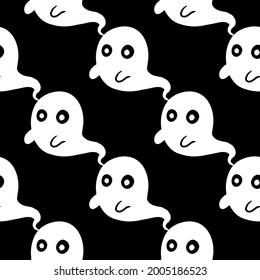 Vector ghost Halloween pattern.  Black and white seamless drawing. Spooky theme symbol, perfect for party decorations, scary gifts, and wrapping paper.