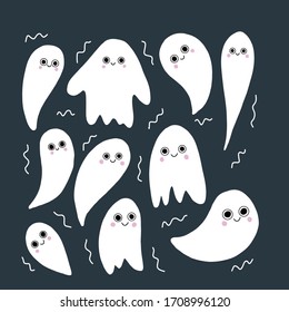 Vector ghost illustration.  Characters with cute faces. Cartoon doodle illustration. For Halloween card,poster. 