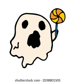 vector ghost with a lollipop. a cartoon ghost with black holes in his eyes and mouth, white color and black contours holds an orange round candy in his hands. isolated ghosts drawn Halloween 