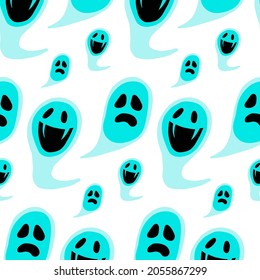 Vector ghost seamless pattern. Halloween spooky scarf isolated on white background. Cartoon illustration for seasonal design, textile, decoration or greeting card. Hand drawn prints and doodle.