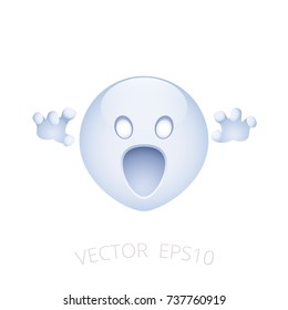Vector Ghost smiley. Bluish white specter emoji frightens with a crooked fingers, luminous eyes and opened mouth. Round emoticon of cute spook floats over white background. Chat character of Halloween
