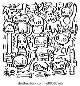 Vector Ghosts and monsters of gang of Halloween, doodle characters design.