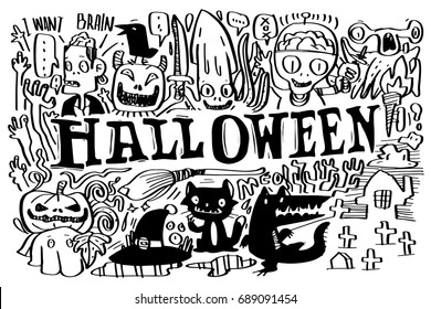 Vector Ghosts and monsters of gang of Halloween, doodle characters design.