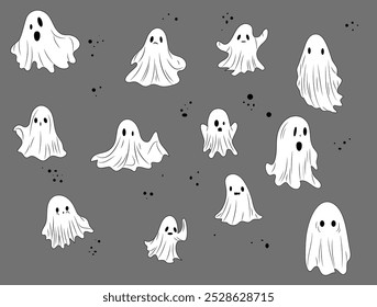 Vector ghosts set for Halloween-Cute spooky characters on dark background.
This set includes various cute and spooky  ghost illustrations that can be used for party invitations and posters.