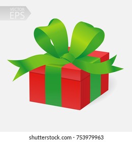 Vector gift in 3D style. Red box with a green ribbon. Christmas or birthday or event surprise.