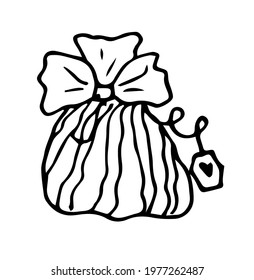 vector gift in a bag with a bow with a striped pattern and a heart tag on a twisted ribbon, hand-drawn in doodle style, isolated black outline for a template on a white background for a design templat