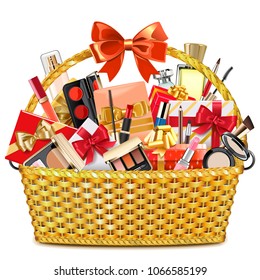 Vector Gift Basket With Makeup Cosmetics Isolated On White Background