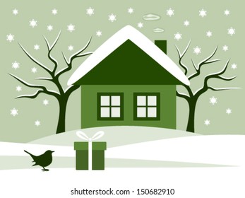 vector gift and bird in snowy garden