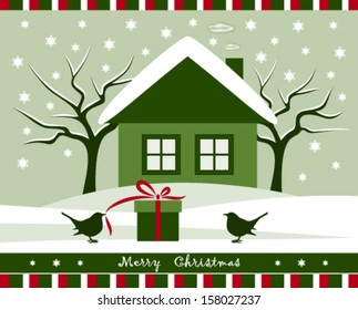 vector gift and birds in snowy garden