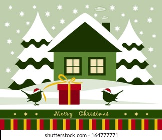 vector gift and birds in snowy landscape