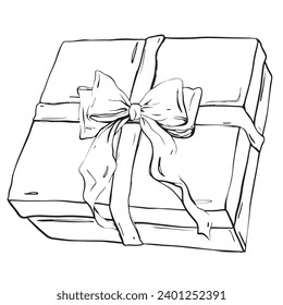 Vector gift with bow Birthday party. Isolated engraved style object. Linear drawing in black and white colors for icon holiday. Hand drawing sketch of design on white isolated background